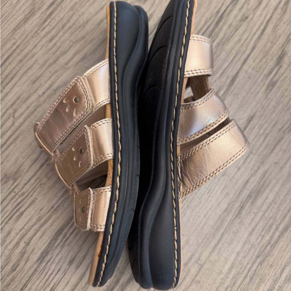 Clarks Gold and Black Sandals with Metallic Straps